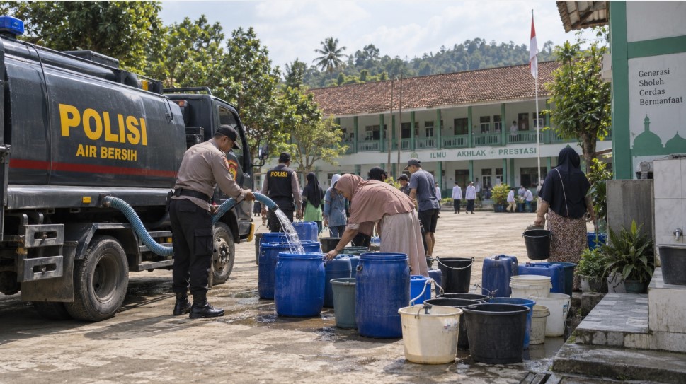 Polres Purwakarta Kirim Air Bersih Pakai Kendaraan AWC ke Sekolah dan Pesantren